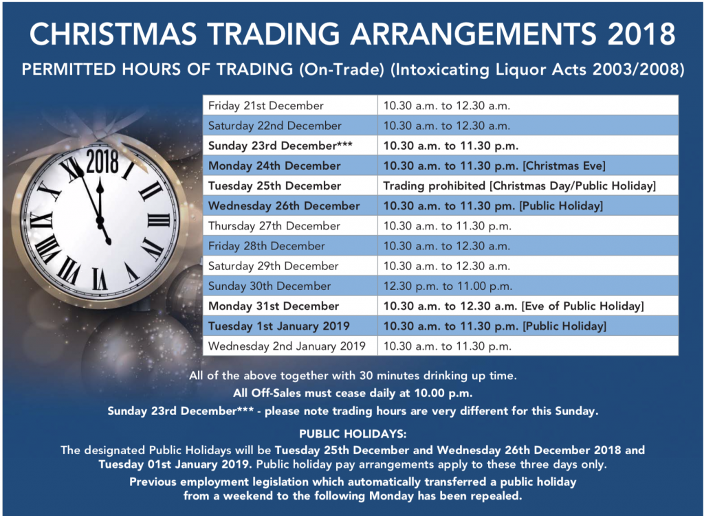 LVA - Christmas Trade Hours for Dublin pubs 2018