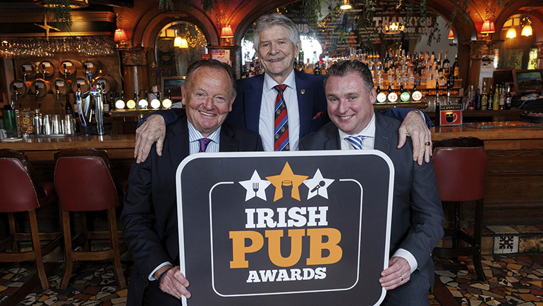 Launch of Irish Pub Awards 2026, with LVA Chair Tom Cleary, VFI President Michael O'Donovan and Louis Fitzgerald of the Laurels Clondalkin, reigning winners of the Irish Pub of the Year